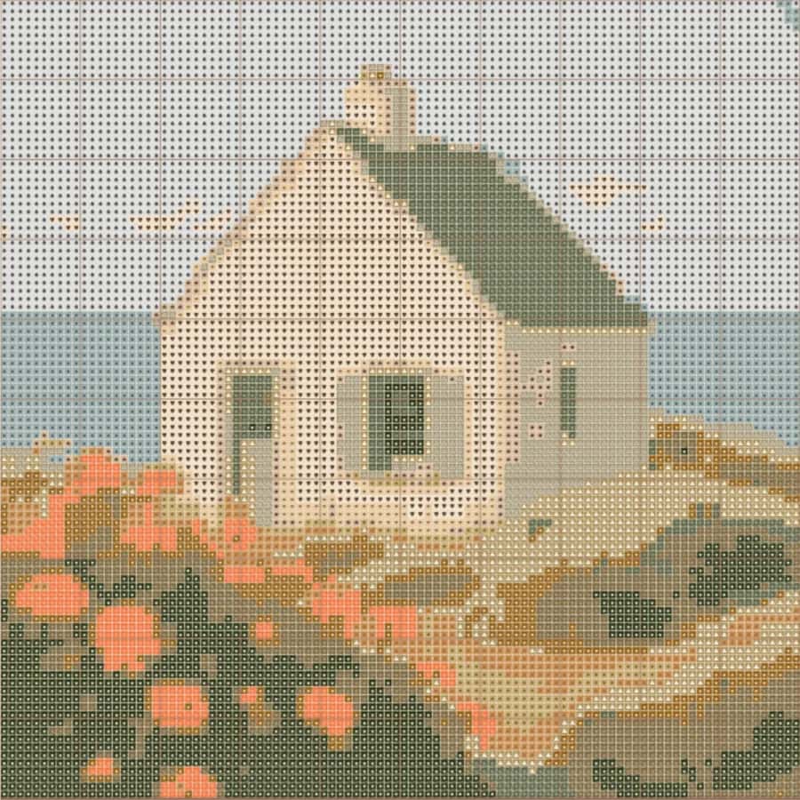 Coastal cottage converted to a 14-color cross-stitch chart in Stitch Craft Master